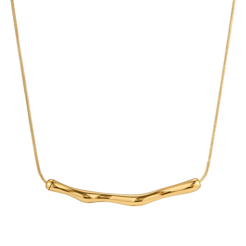 A M A R A sculptural gold plated necklace on white background 