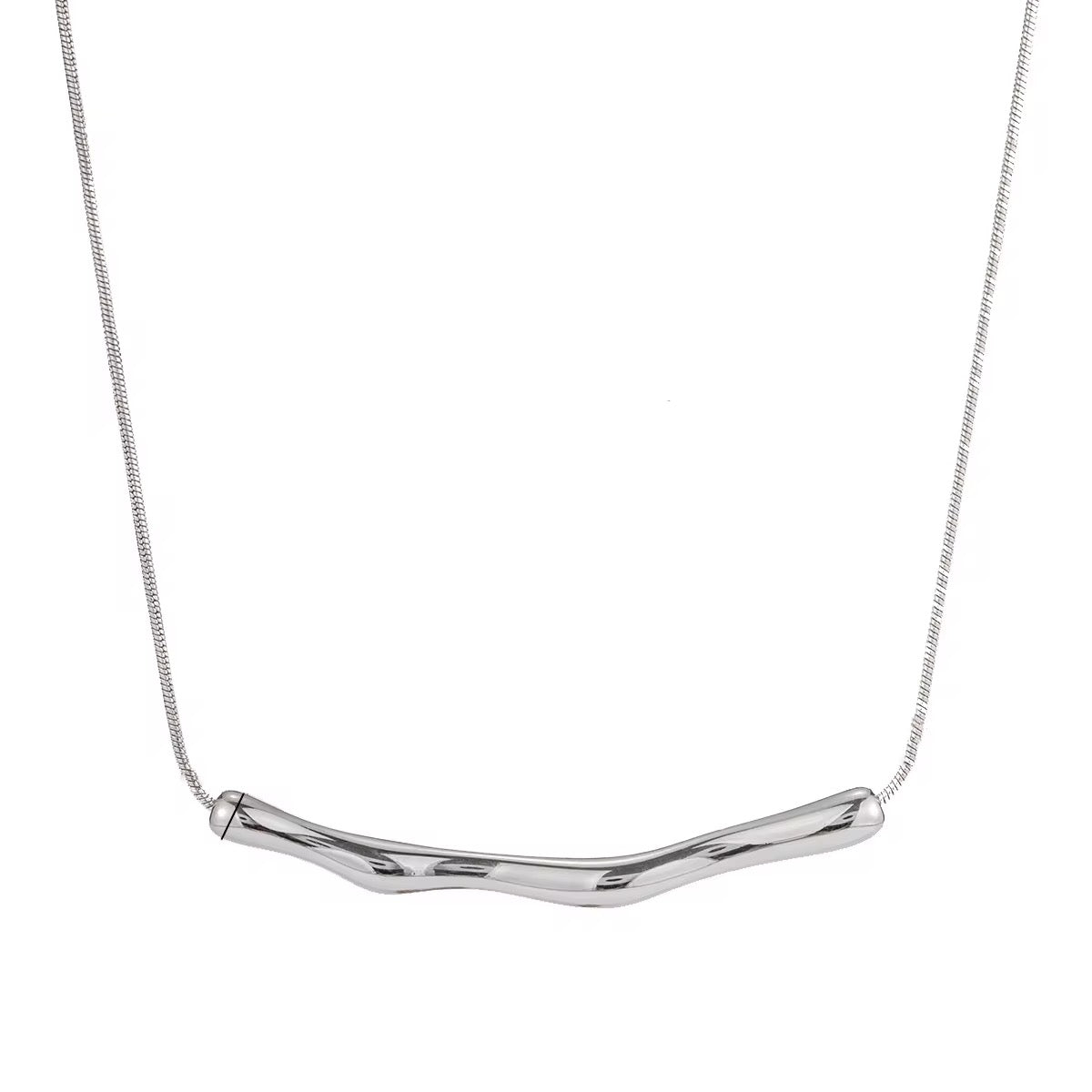 A M A R A sculptural stainless steel necklace on white background 