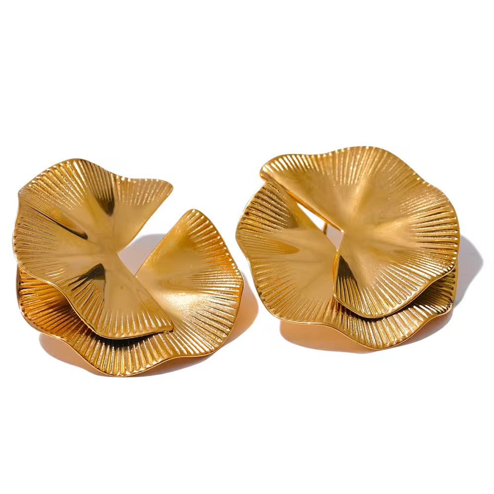 18k gold plated sculptural oversized statement stud earrings on white background 